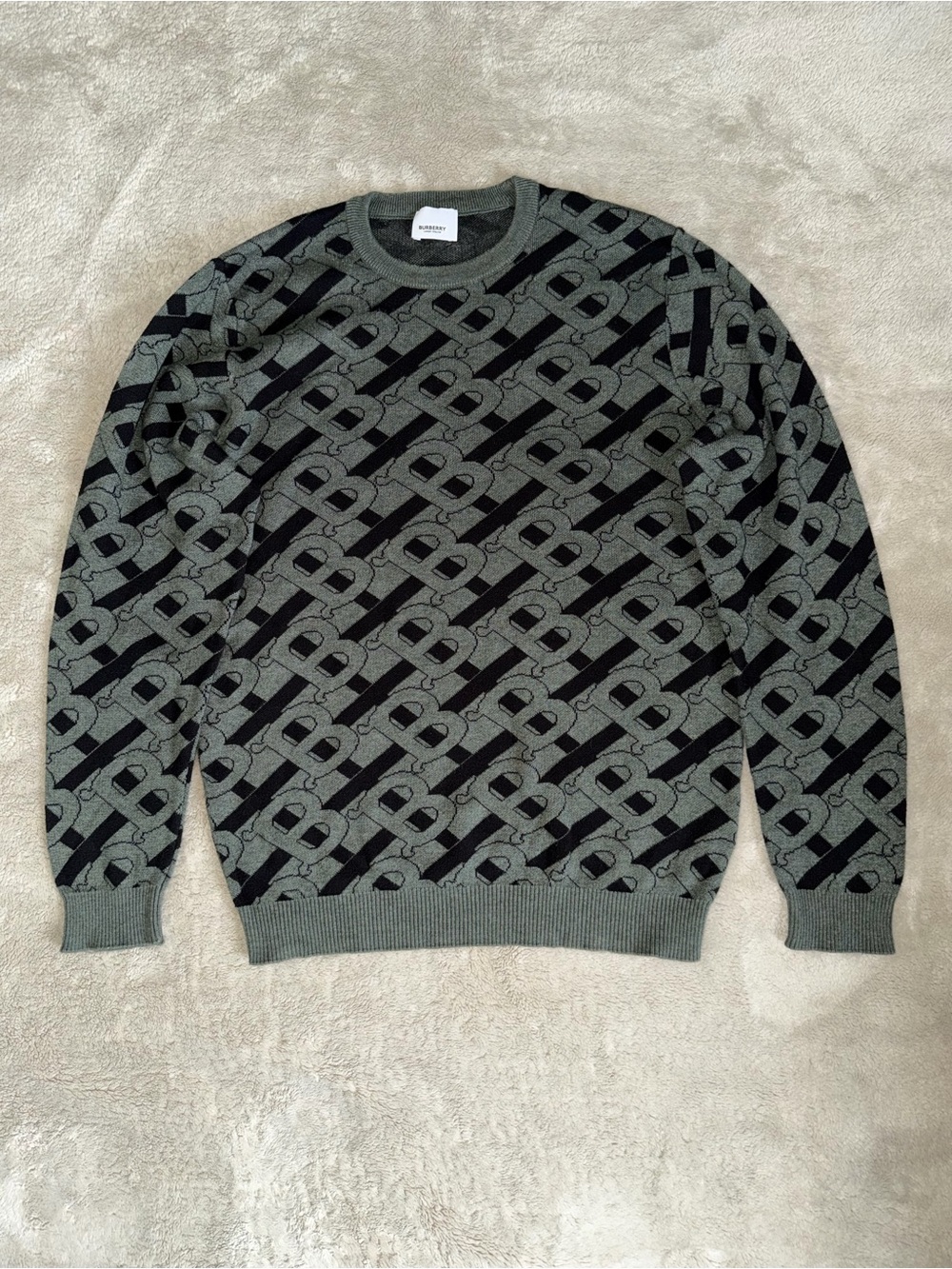 Burberry Olive Green and Black Monogram Crewneck Sweater Men’s Medium